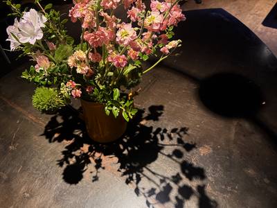 Pink flowers in a vase casting a shadow across a dark table